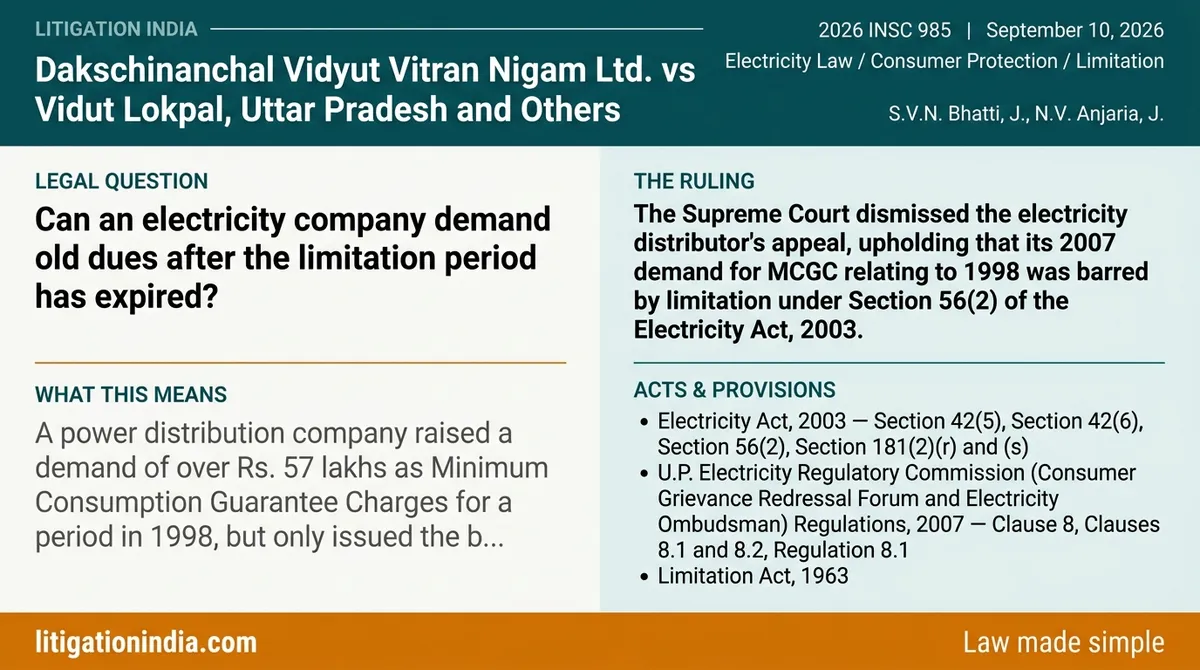 Dakschinanchal Vidyut Vitran Nigam Ltd. vs Vidut Lokpal, Uttar Pradesh and Others — infographic summary