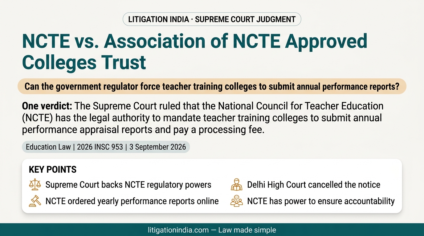 NCTE vs. Association of NCTE Approved Colleges Trust — infographic summary