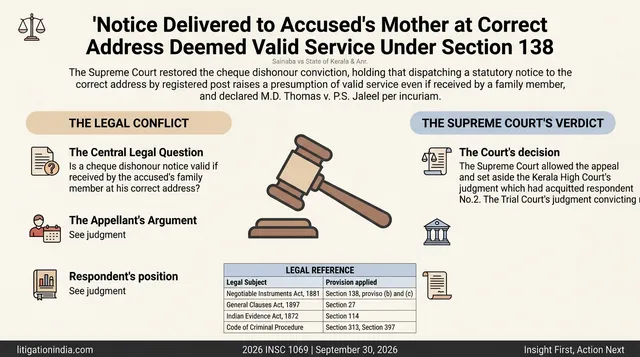 Notice Delivered to Accused's Mother at Correct Address Deemed Valid Service Under Section 138