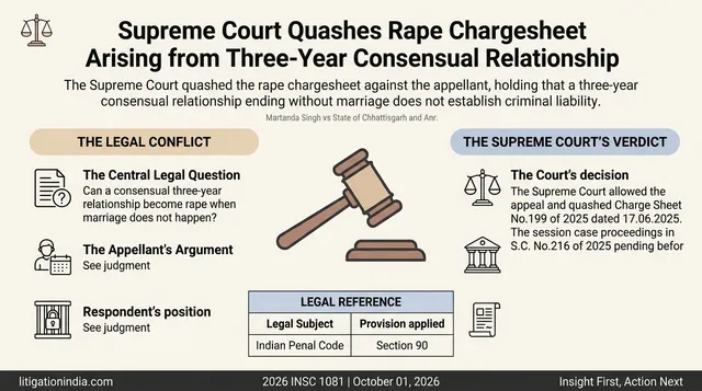 Supreme Court Quashes Rape Chargesheet Arising from Three-Year Consensual Relationship