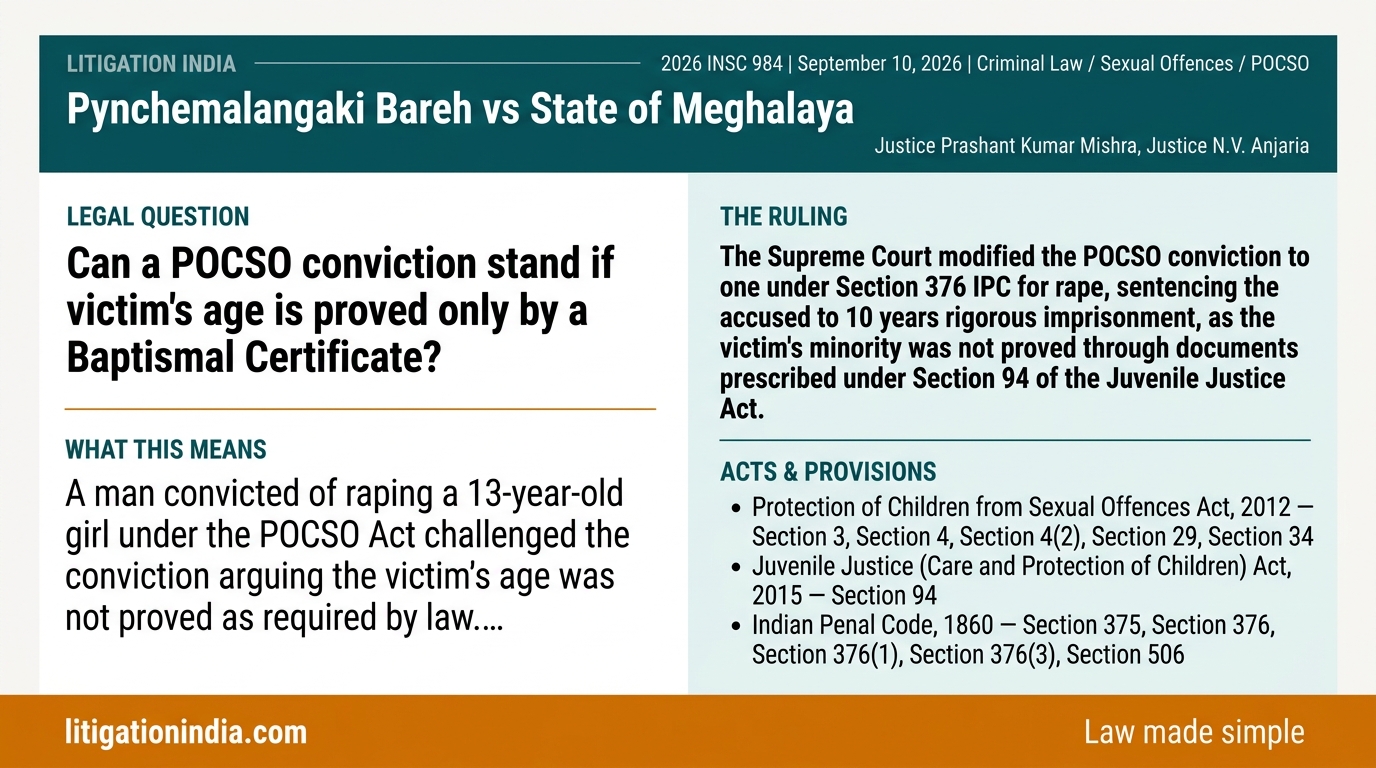 POCSO Conviction Modified to IPC Rape Where Victim Age Not Proved Under JJ Act