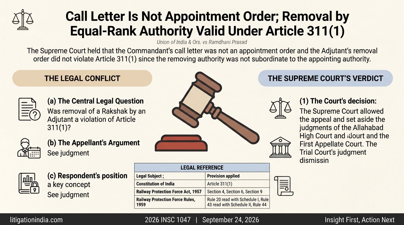 Call Letter Is Not Appointment Order; Removal by Equal-Rank Authority Valid Under Article 311(1)