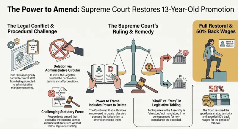 The Supreme Court allowed the appeal and restored S. P. Chandrakar's promotion, ruling that the Registrar has the valid statutory power to amend service rules and that the legislative tabling requirement under Section 95(3) of the Act is directory rather than mandatory