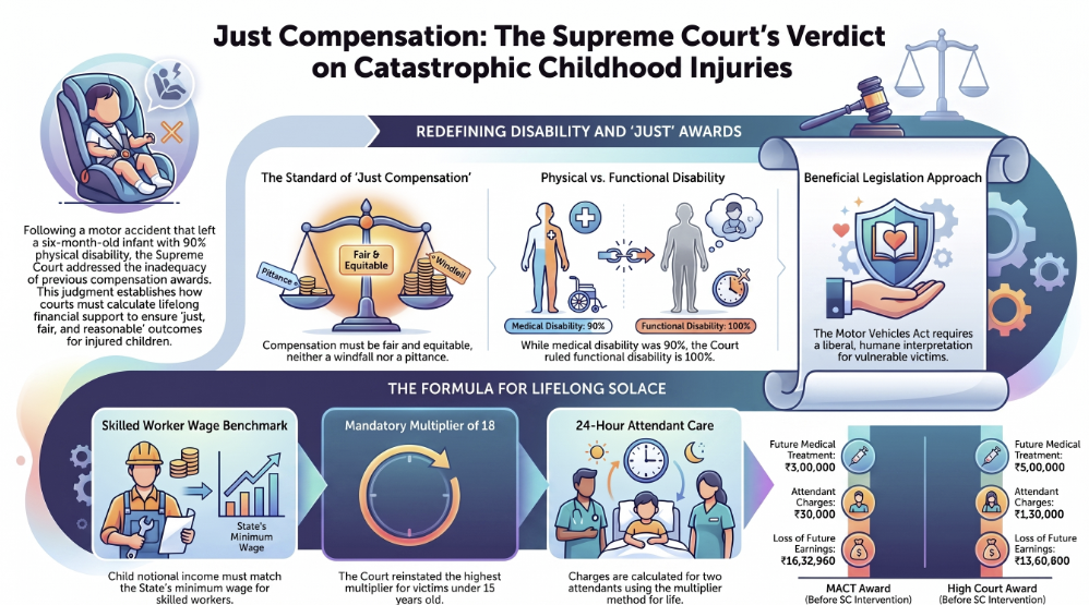 The Supreme Court of India enhanced the motor accident compensation for a permanently disabled minor girl to ₹83,38,360 with 9% annual interest , holding that her 90% physical disability constitutes 100% functional disability as it completely extinguishes her future earning capacity