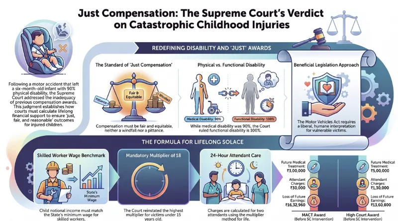 The Supreme Court of India enhanced the motor accident compensation for a permanently disabled minor girl to ₹83,38,360 with 9% annual interest , holding that her 90% physical disability constitutes 100% functional disability as it completely extinguishes her future earning capacity