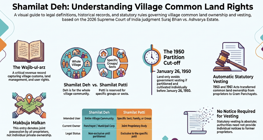 The Supreme Court of India ruled that the disputed land in Haiderpur is shamilat deh (common village land) that vests in the Municipal Corporation, Gurgaon, as no partition of this land had occurred among the proprietors prior to January 26, 1950