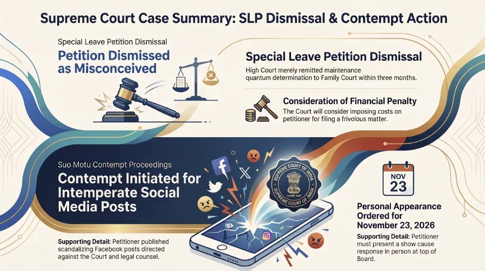 Supreme Court Dismisses Frivolous Maintenance SLP, Initiates Suo Motu Contempt Over Scandalous Facebook Posts Against Court and Counsel