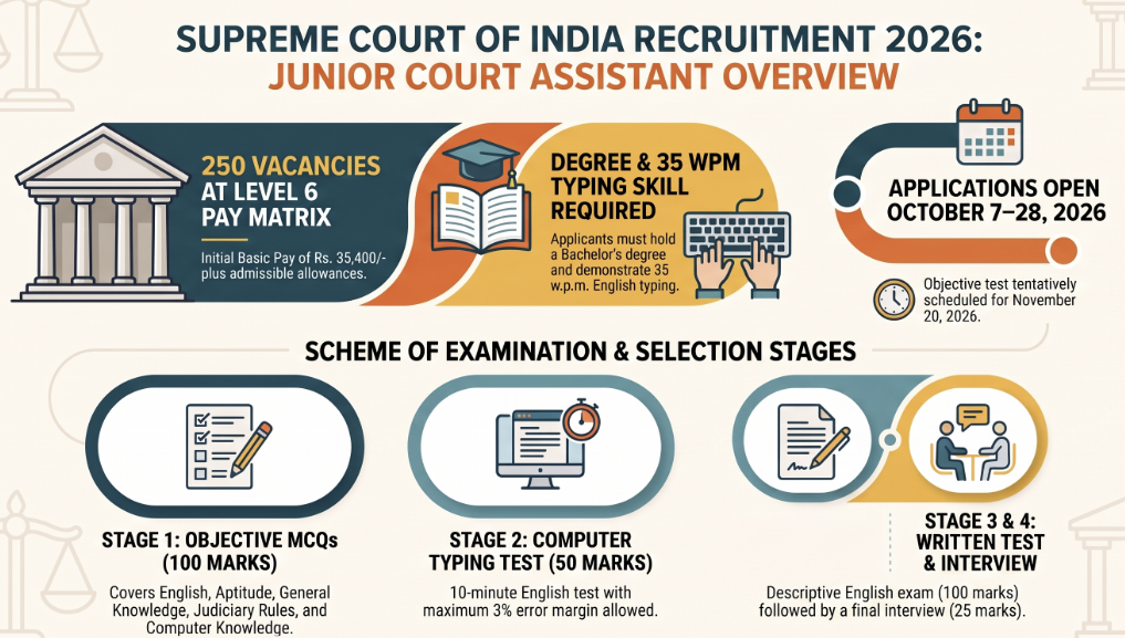 Supreme Court Junior Court Assistant Recruitment 2026: Official Notification, 250 Vacancies, Eligibility &amp; Exam Scheme