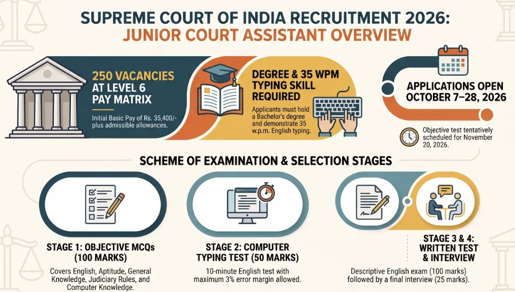 Supreme Court Junior Court Assistant Recruitment 2026: Official Notification, 250 Vacancies, Eligibility & Exam Scheme